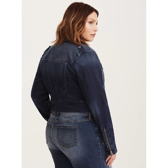 TORRID Dark Wash Indigo Stretch Denim Moto Jean Jacket sz 3X Womens Plus Trucker - Picture 13 of 13